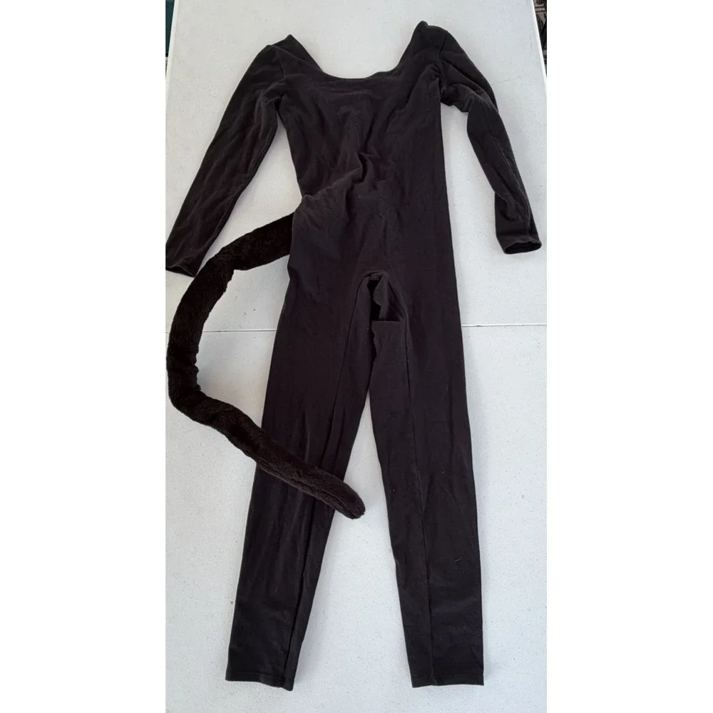 Black Cat Costume SZ M Unitard Jumpsuit Long Faux Fur Tail Halloween Cosplay